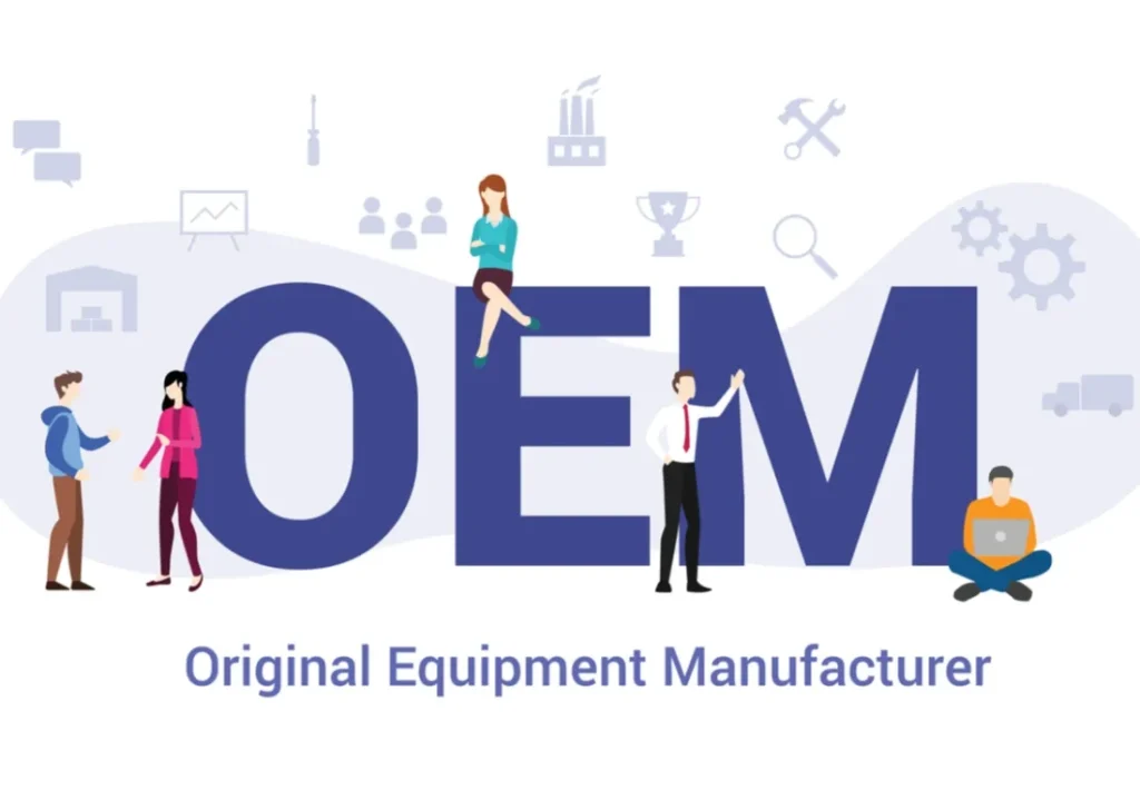 Illustration with large letters spelling OEM, surrounded by people and manufacturing icons.