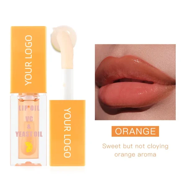 Lip oil product featuring an orange-colored lipstick with a close-up of lips wearing the product
