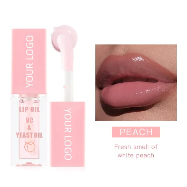 Peach colored lip oil with applicator next to lips wearing the lip oil shade, labeled with a peach scent and branding elements.