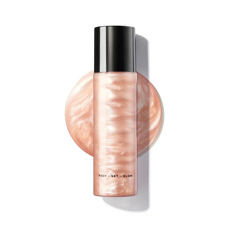 A bottle labeled 'Liquid Illuminator' with a pearlized cosmetic texture in the background.