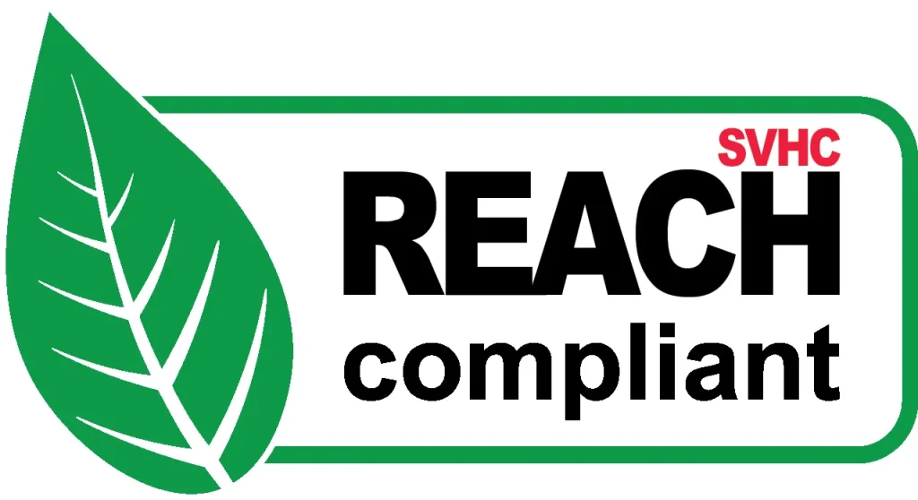 Green leaf with text 'SVHC REACH compliant', indicating compliance with REACH regulations.