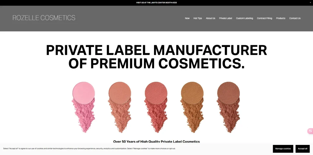 Rozelle Cosmetics homepage featuring private label premium cosmetics with various shades of makeup.
