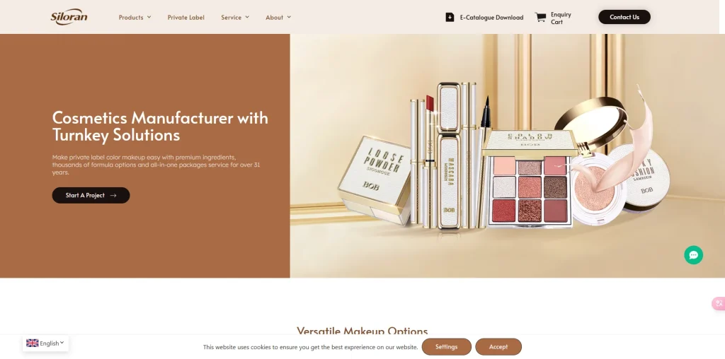 Siloran website showcasing cosmetics manufacturer with turnkey solutions.