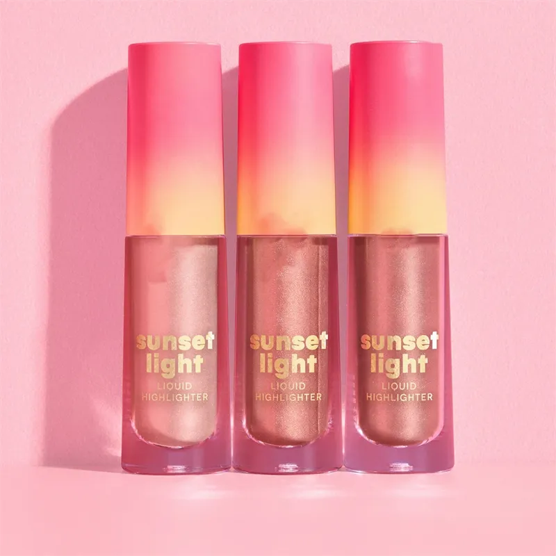 Three Sunset Light liquid highlighters with pink and orange gradient caps, displayed against a pink background.