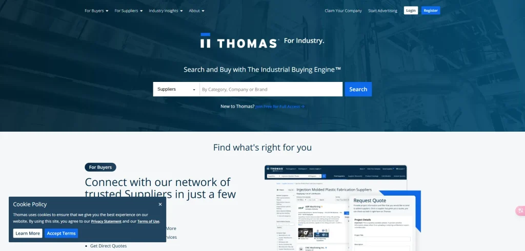ThomasNet website homepage featuring industrial supplier search and connection service.