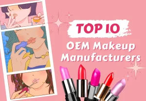 Illustrierte Frauen, die Make-up-Produkte auftragen, mit dem Titel 'Top 10 OEM Make-up Manufacturers' und verschiedenen Lippenstiftfarben.