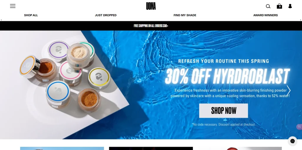 UOMA beauty products with a 30% off Hydroblast promotional banner.