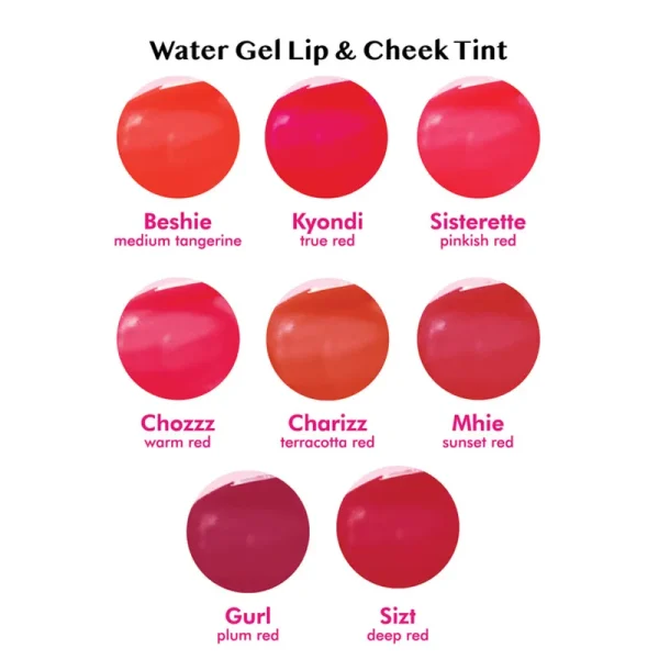 Image showing eight water gel lip and cheek tint colors with names and shades.