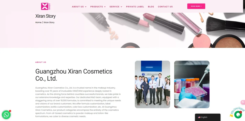Xiran Story webpage showcasing Guangzhou Xiran Cosmetics Co., Ltd. with images of cosmetics, company staff, and laboratory work.