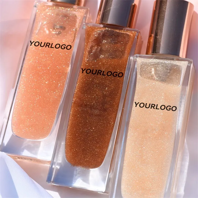 Three perfume bottles with glittery liquid labeled 'YourLogo'.