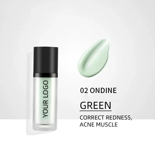 A bottle labeled 'Your Logo' with a green cream swatch beside it, labeled '02 Ondine Green' for correcting redness and acne muscle.