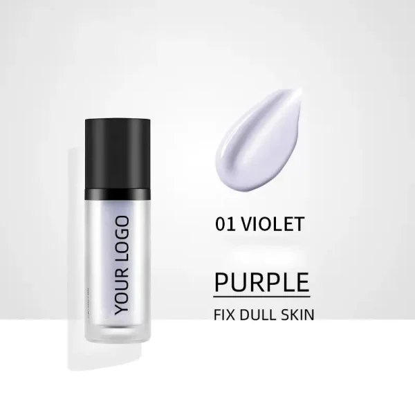 A cosmetic product labeled 'YOUR LOGO' with a liquid texture and indications for fixing dull skin with its violet color.