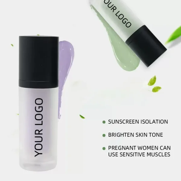Image of two cosmetic bottles labeled 'Your Logo' with purple and green smears, alongside text promoting sunscreen isolation, brightening skin tone, and sensitivity for pregnant women.