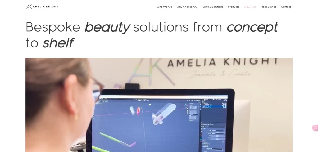 A person using 3D design software on a computer screen with the Amelia Knight logo in the background and the text 'Bespoke beauty solutions from concept to shelf' at the top.