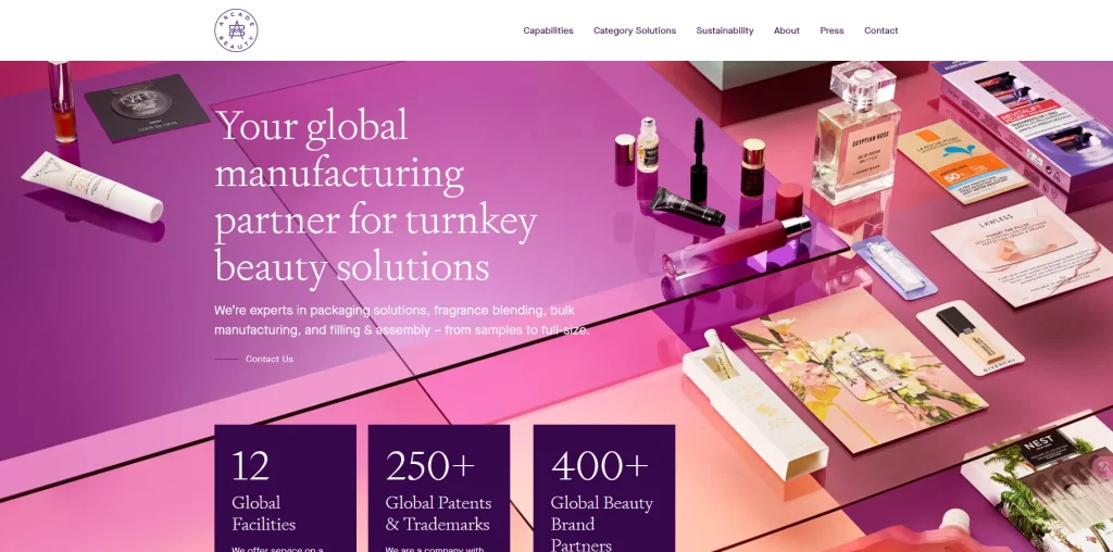 Arcade Beauty offers packaging services for beauty products with samples of cosmetics and perfumes displayed.