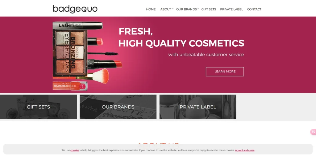 Badgequo homepage showcasing fresh, high-quality cosmetics with product images and navigation links
