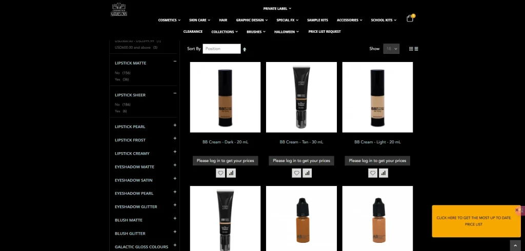 A webpage displaying various BB cream products sorted by position, including dark, tan, and light shades in different volumes, with a prompt to log in for prices.