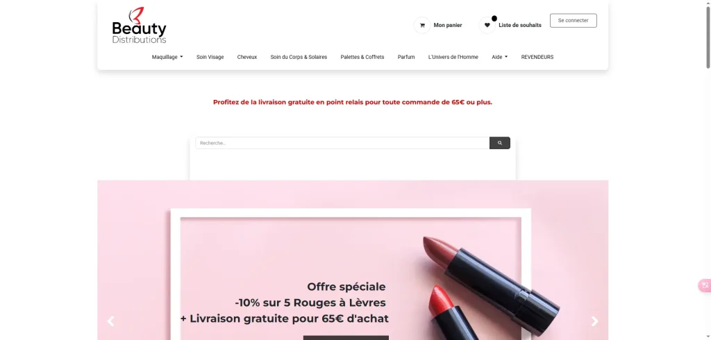 Homepage of Beauty Distributions showcasing a special offer on lipsticks with free shipping for purchases over 65€
