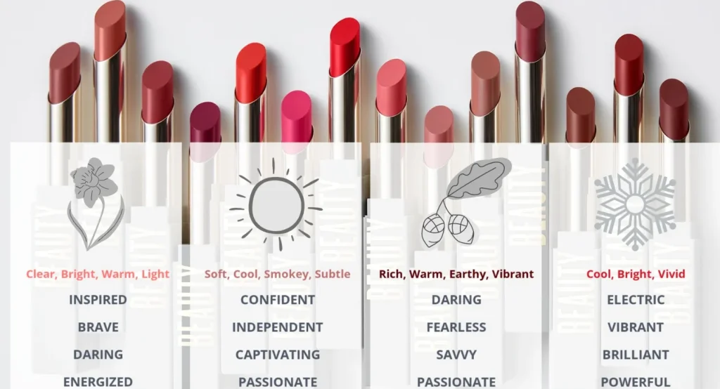 Lineup of various lipstick shades arranged in a row with descriptions indicating different color categories such as clear, bright, warm, light, and associated personality traits like inspired and brave.