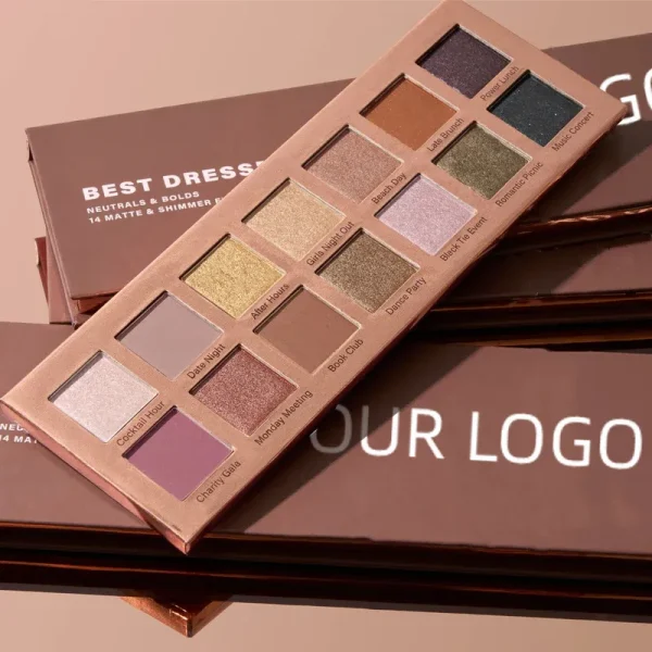 A makeup palette named 'Best Dressed' featuring 14 matte and shimmer eyeshadows with names like 'Cocktail Hour' and 'Dance Party'.