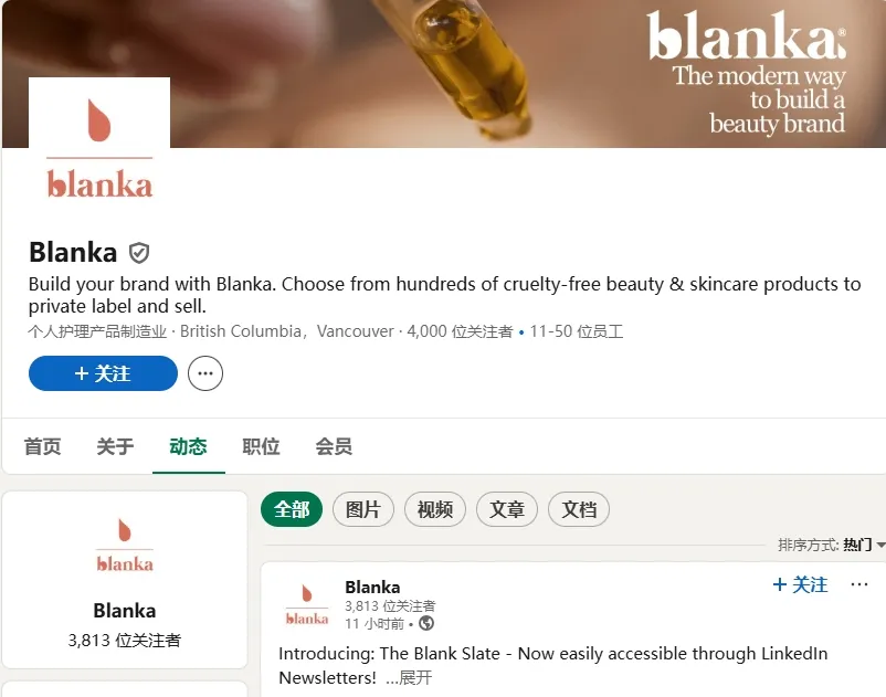 Screenshot of Blanka's LinkedIn page showing company details and a post.