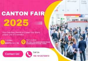 Werbung für die Canton Fair 2025 mit Angaben zur Veranstaltung, einschließlich Standort, Standnummer, Kontaktinformationen und einem Bild einer überfüllten Ausstellungshalle.