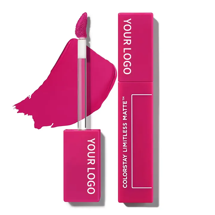 Pink colored lip gloss with applicator and text 'YOUR LOGO Colorstay Limitless Matte'.