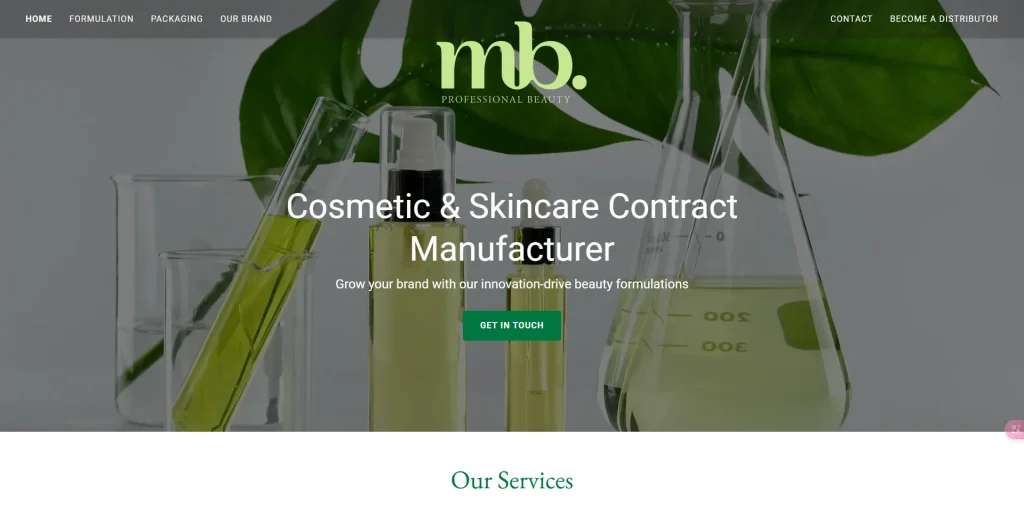 Homepage of MB Professional Beauty showcasing their cosmetic and skincare contract manufacturing services with green-themed laboratory equipment in the background.