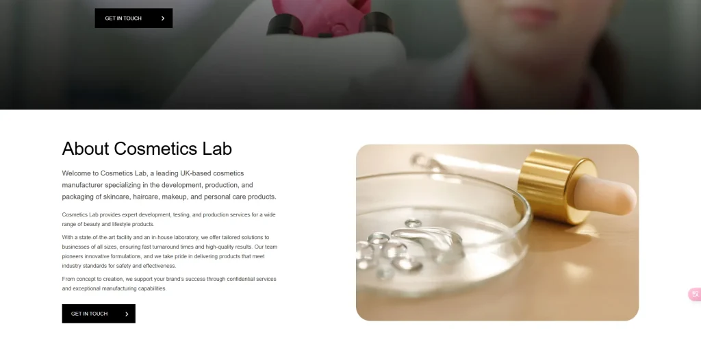About page of Cosmetics Lab featuring a glass petri dish and a dropper