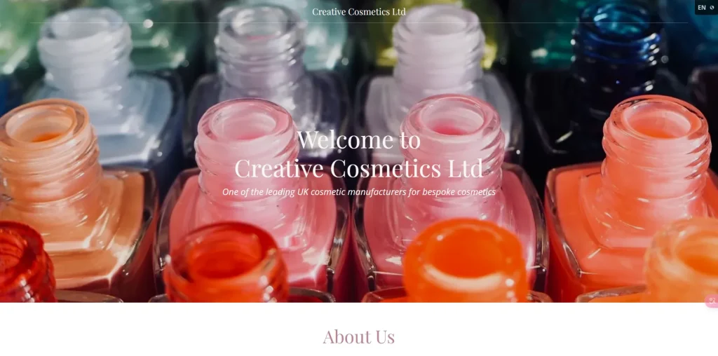 Open nail polish bottles in various colors with text Welcome to Creative Cosmetics Ltd