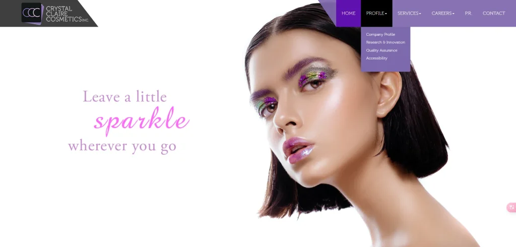 Crystal Claire Cosmetics website homepage with navigation menu and slogan 'Leave a little sparkle wherever you go'.