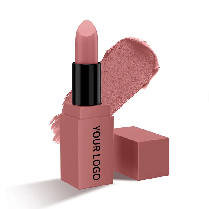 A pink lipstick tube with the text 'Your Logo' on its side, alongside a swatch of the lipstick color in the background.
