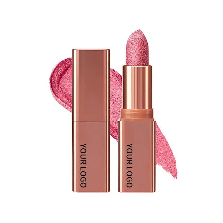 Lipstick with custom branded packaging and pink shade.