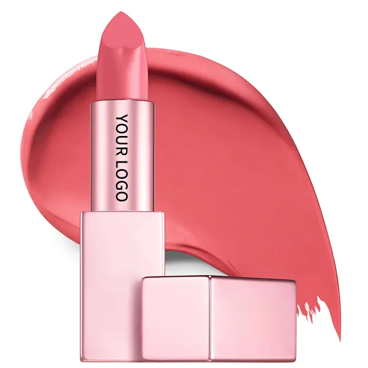A pink lipstick with a customizable logo displayed on the packaging, set against a pink lipstick smear.