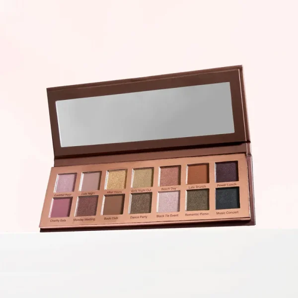 Open eyeshadow palette featuring a variety of shades suitable for different occasions.