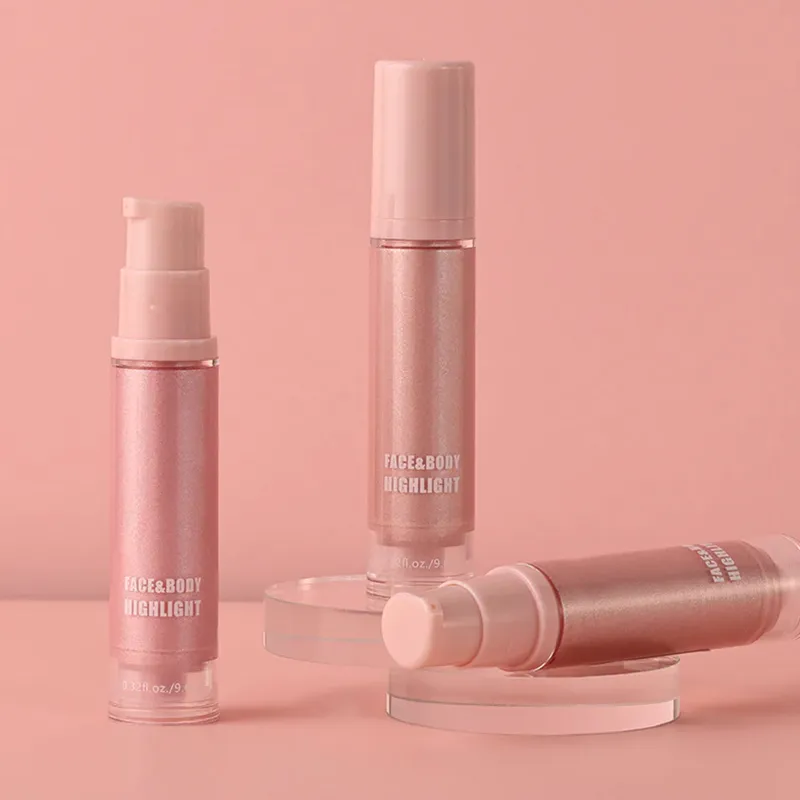 Three bottles of face and body highlight on a pink background with circular stands.