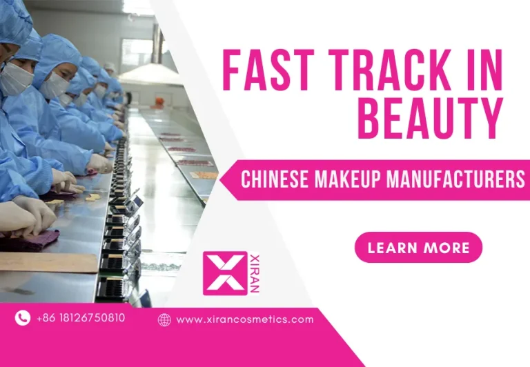 Persone che lavorano su una linea di produzione indossando camici blu, con un testo che promuove i produttori di trucco cinesi.