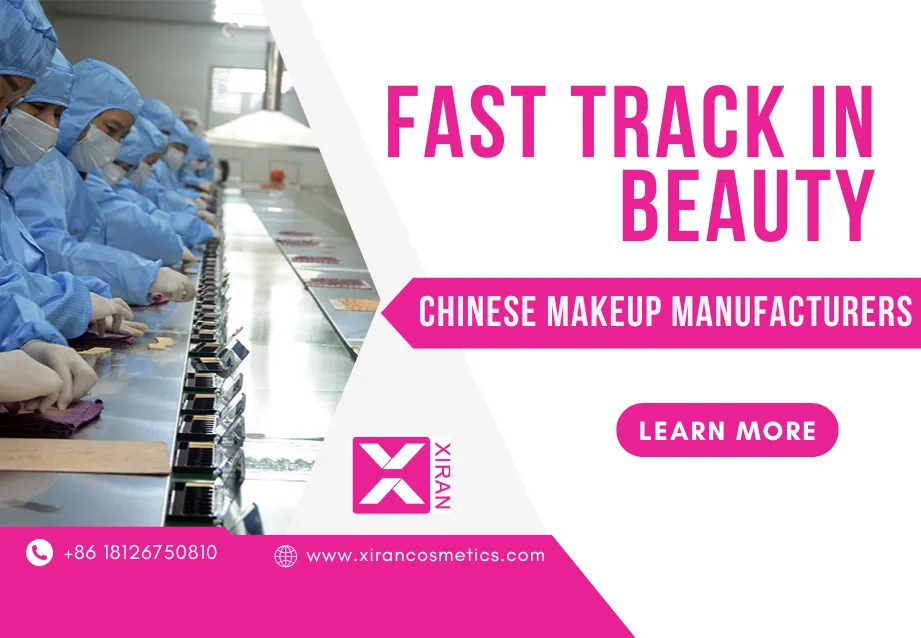 Menschen in blauen Laborkitteln, die an einer Produktionslinie arbeiten, mit Text, der für chinesische Make-up-Hersteller wirbt.