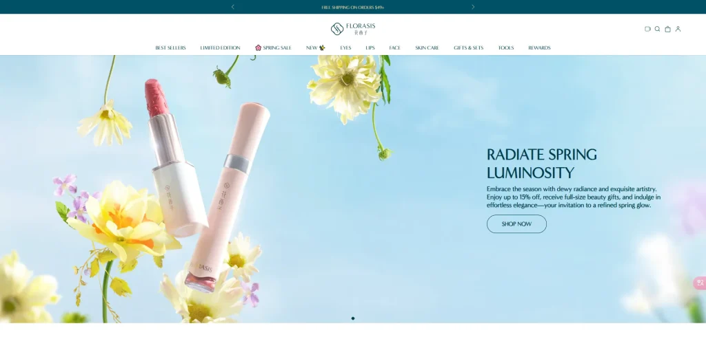 Florasis spring promotion showcasing lipsticks with floral theme and promotional text emphasizing dewy radiance.