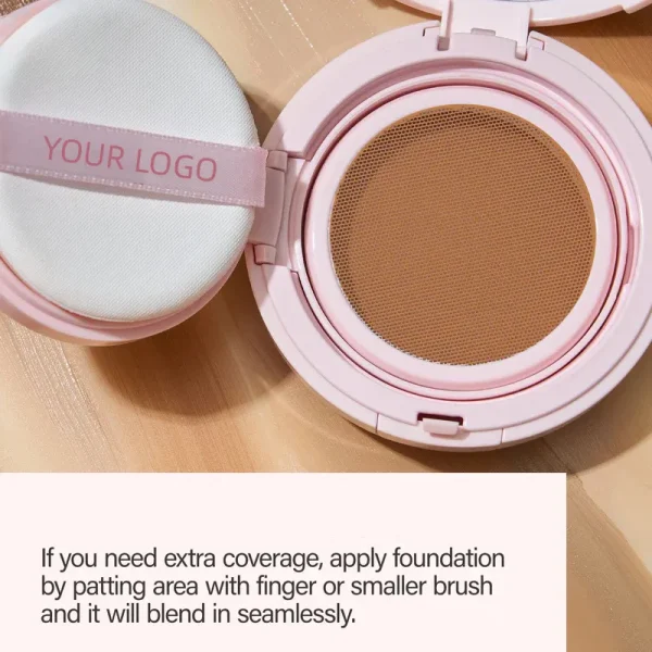 An image of an open compact cushion foundation with a puff and instructions on application.