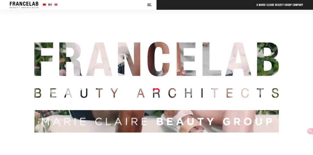 Website screenshot of Francelab Beauty Architects showcasing their logo and tagline. The logo reads 'Francelab Beauty Architects' with 'Marie Claire Beauty Group' underneath.