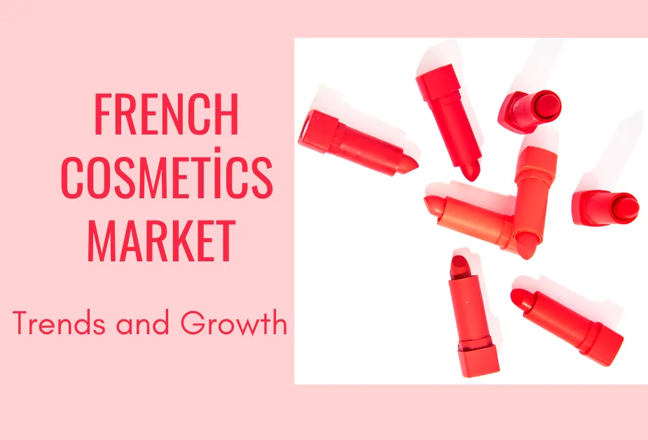 Collage of red lipsticks with text 'French Cosmetics Market Trends and Growth'