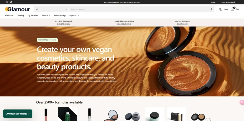 Image of Glamour's website landing page featuring a call to action for creating vegan cosmetics, skincare, and beauty products through viaGlamour using Shopify.