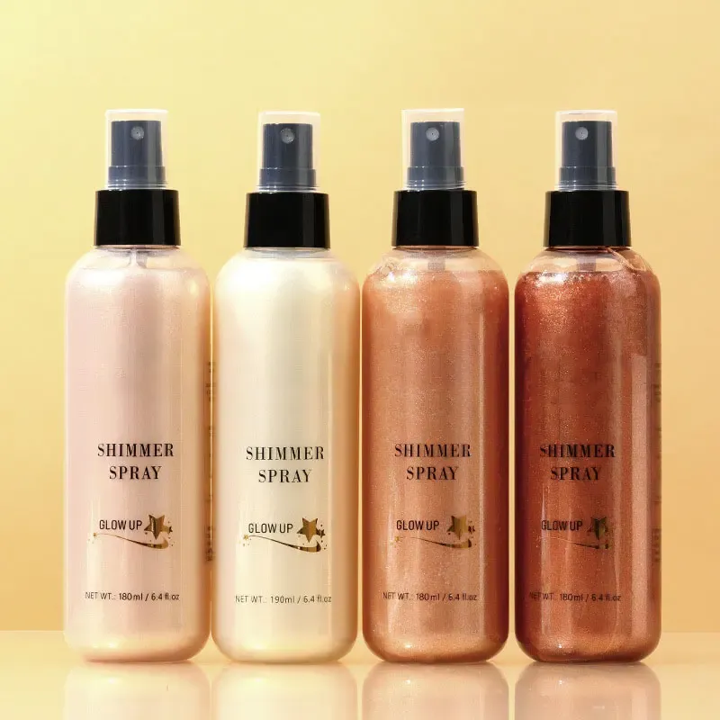 Four bottles of Glow Up Shimmer Spray in various shades.