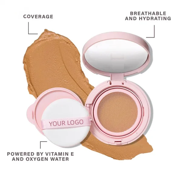 An open compact with a mirror showing cushion makeup and an applicator sponge. Makeup swatch demonstrating the shade and texture. Text notes coverage, breathable and hydrating, and powered by Vitamin E and oxygen water.
