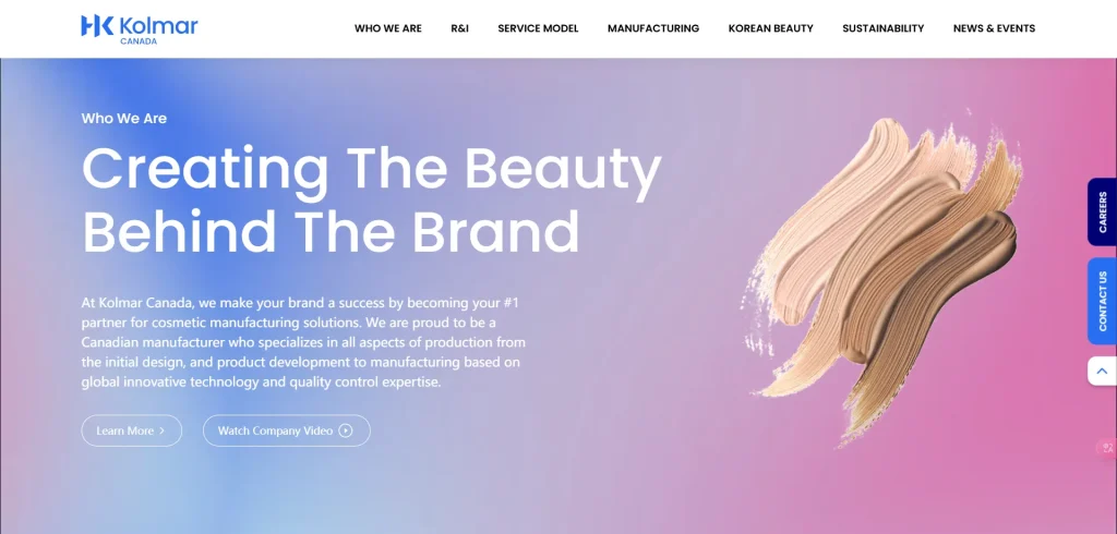 Kolmar Canada homepage showcasing their brand message 'Creating The Beauty Behind The Brand' with a background of blended pastel colors and brushstrokes.