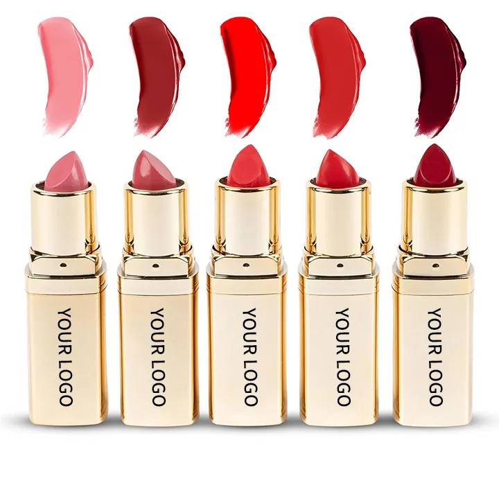Five tubes of lipstick with different shades ranging from pink to dark red, shown alongside swatches in similar shades.