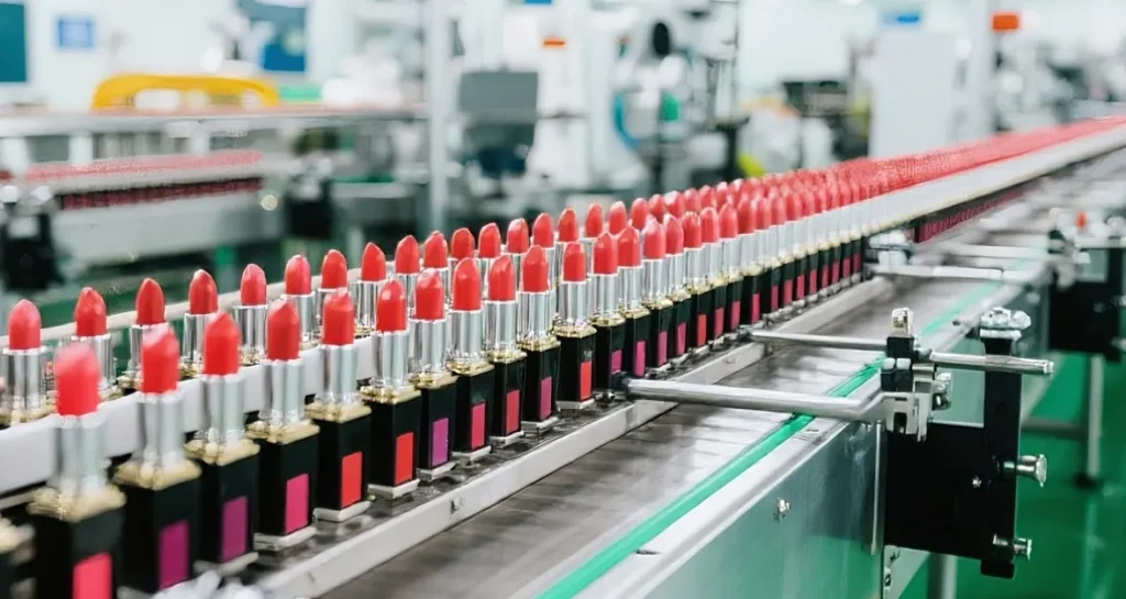 A row of red lipsticks on a factory conveyor belt
