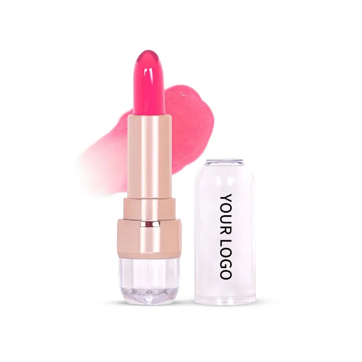A pink lipstick with a smudge of pink color behind it and a transparent cap labeled 'Your Logo' next to it.