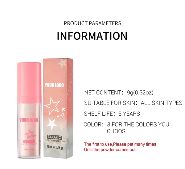 Flacon spray cosmétique rose avec son emballage indiquant les paramètres du produit, adapté à tous les types de peau, contenu net de 9g, et une durée de conservation de 5 ans.